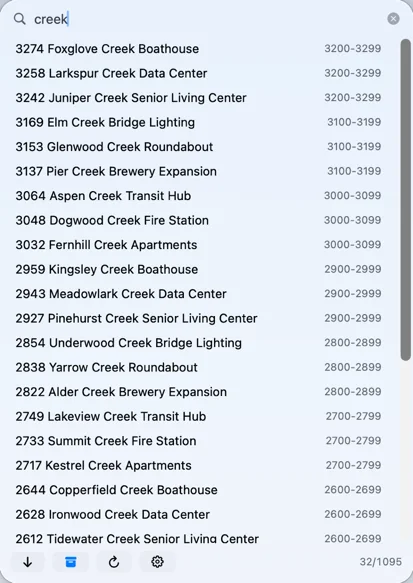 The search panel with &ldquo;creek&rdquo; typed and the archive button on, listing 32 matching projects, archived ones included.