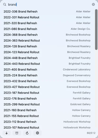The search panel with &ldquo;brand&rdquo; typed, listing jobs such as 2022-336 Brand Refresh with client names like Alder Atelier on the right.