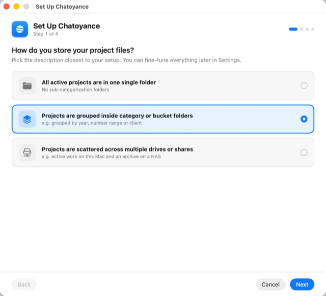 The setup wizard, step 1 of 4: &ldquo;How do you store your project files?&rdquo; with &ldquo;Projects are grouped inside category or bucket folders&rdquo; selected.